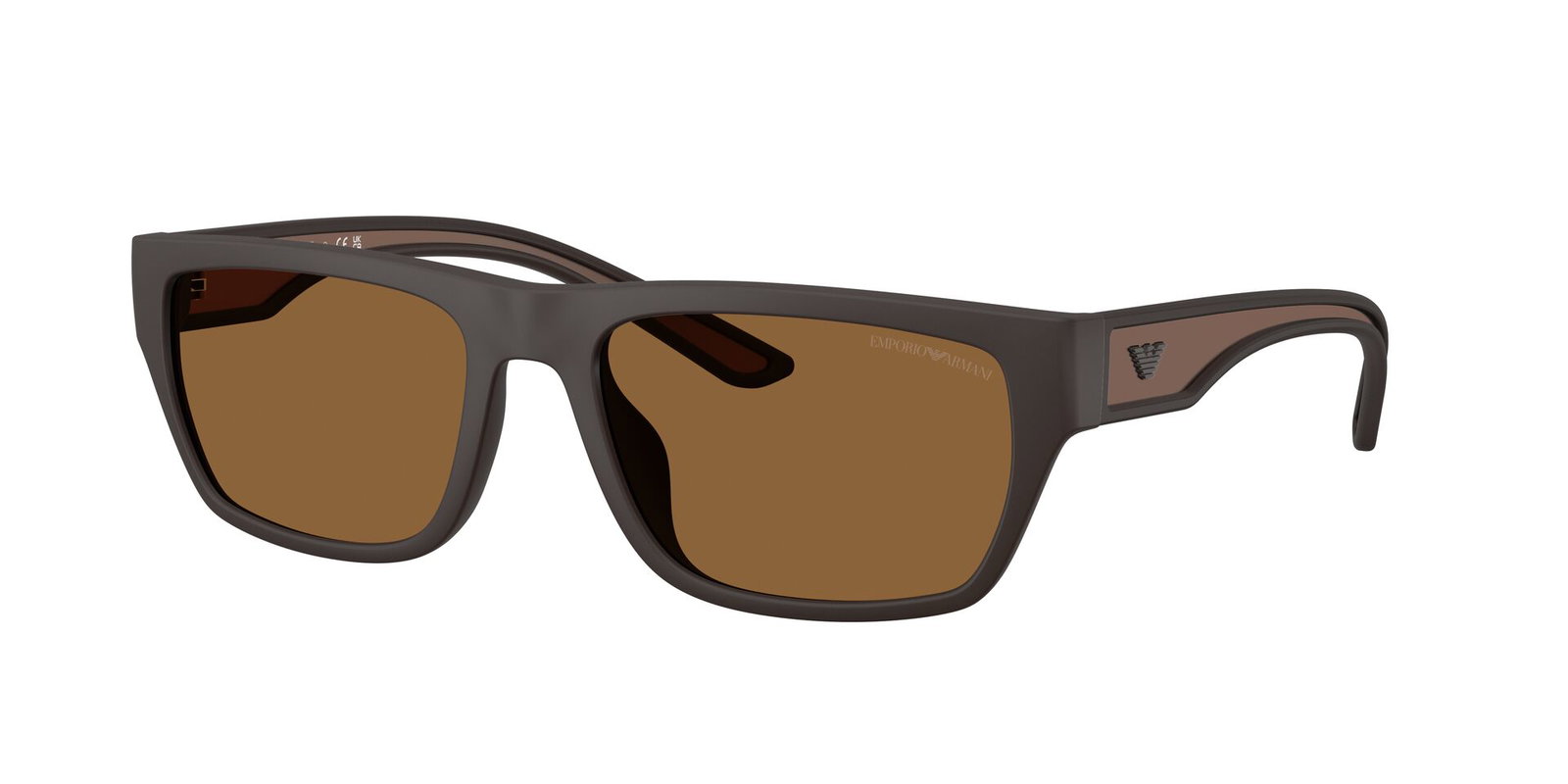 Das Bild zeigt die Emporio Armani Sonnenbrille EA4267U in mattbraun gummiert leicht seitlich.